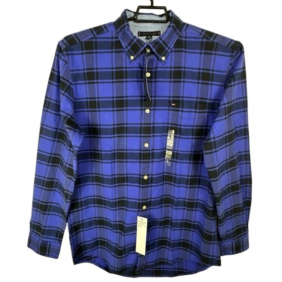 Tommy Hilfiger Men's L Long Sleeve Button Flannel Shirt Blue Plaid NWT - Picture 1 of 12